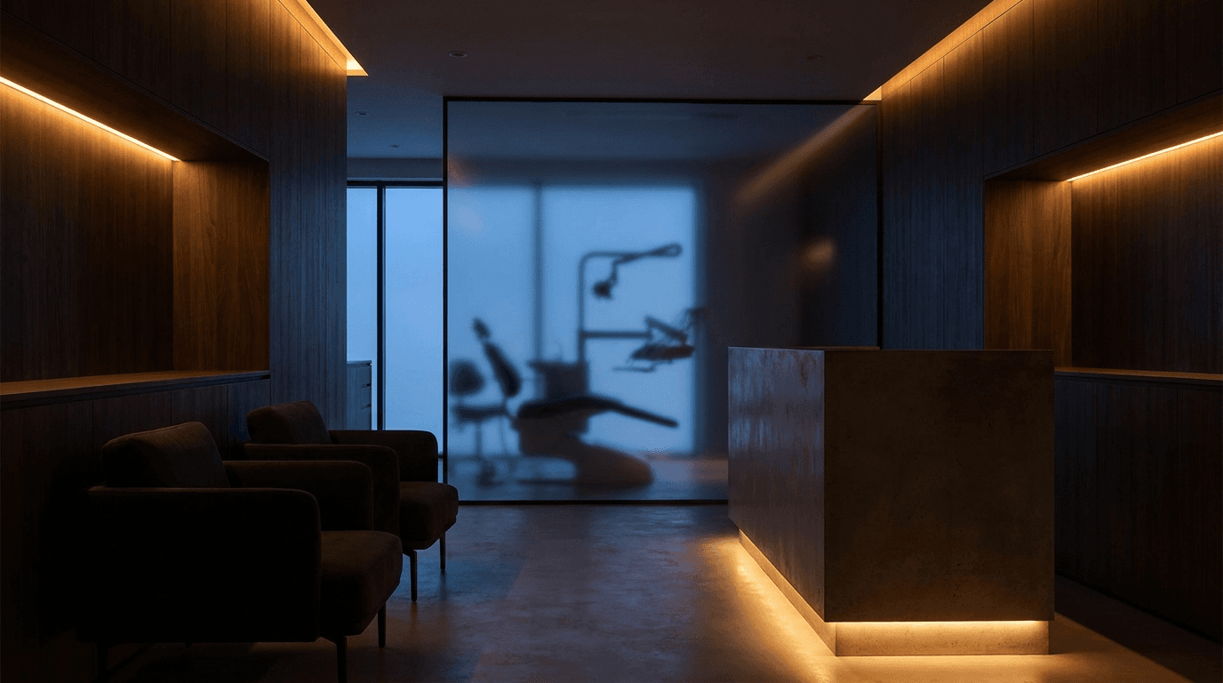 Modern dental clinic reception with warm accent lighting