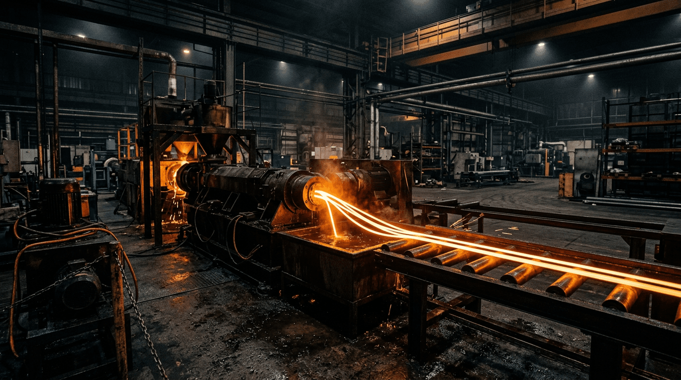 Plastics factory at night, molten polymer glowing amber