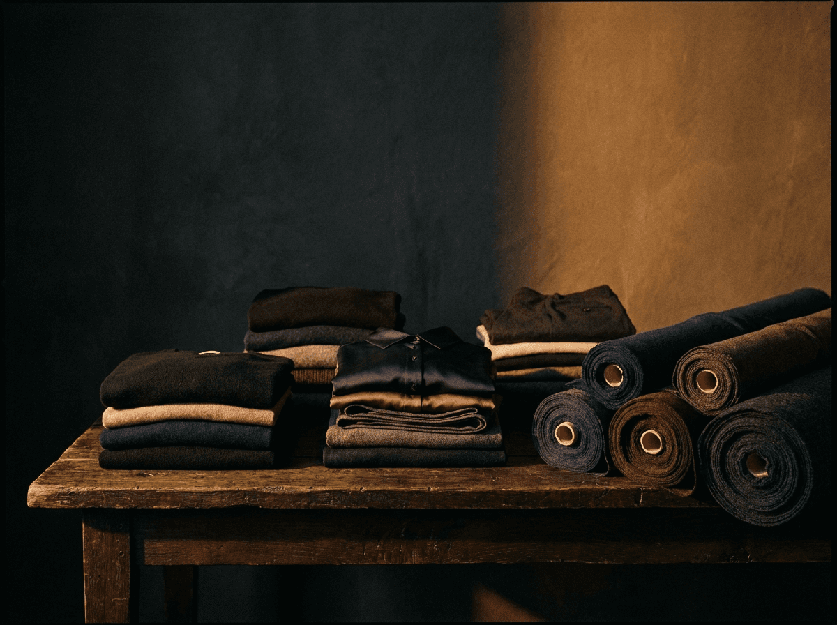 Folded premium garments in raking amber light