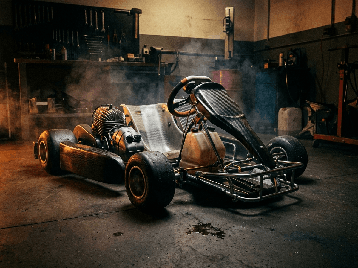 Racing go-kart in a dark garage