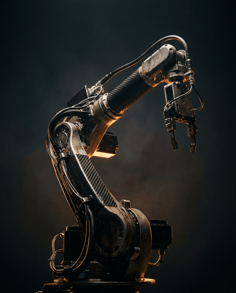 Industrial robotic arm under warm rim light